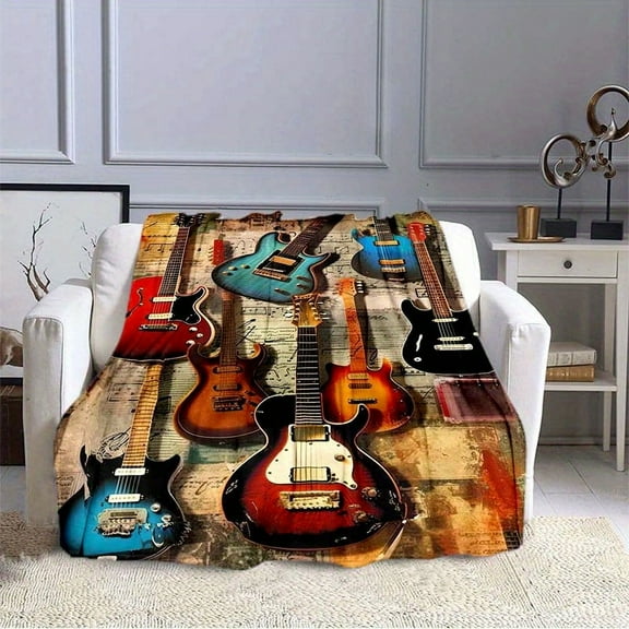 Cozy All-Season Flannel Throw Blanket with Vintage Guitar Design - Soft, Warm & Lightweight for Couch, Bed, Picnic, and Travel, Antique, Bed Chair, Rest Blanket