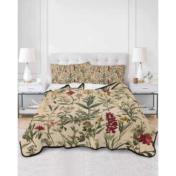 Quilts King Size, Rustic Botanical Soft Comforter Bedding Set for Bed, Vintage Floral Wildflower Lightweight Quilted Bedspread with Pillow Cover(2 Pieces) for All Season, 96x106 Inch