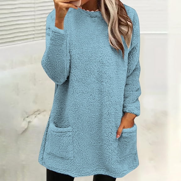Fleece Pullover Women Fuzzy Cozy Sweaters For Women Crew Neck Sweatshirts Thermal Warm Oversized Tops With Pockets Blue XL