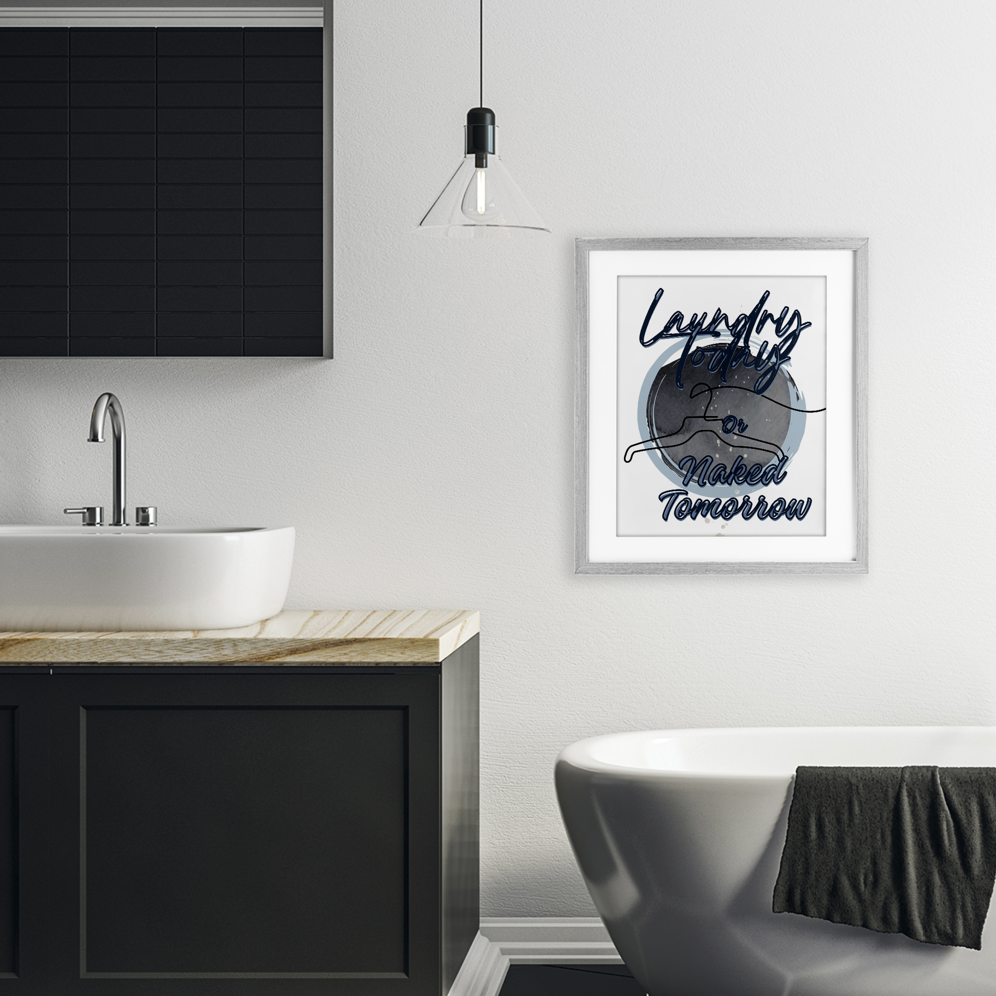 Laundry Phrase with Hanger Contour Gray Framed Print Under Glass, design by Jesse Keith