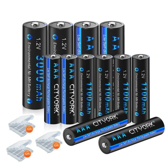 12 Pack 1.2V AA Batteries and AAA Rechargeable Batteries, 4 PCS AA 3000mAh and 8-Pack AAA 1100mAh 1.2V Ni-MH Low Self Discharge Rechargeable Batteries with Battery Case