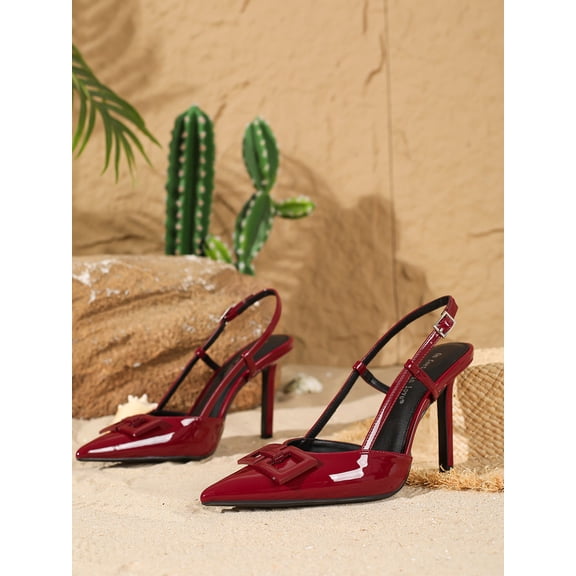 Women's Square-Buckle Decorated Patent Leather Pointed-Toe High-Heel Sandals