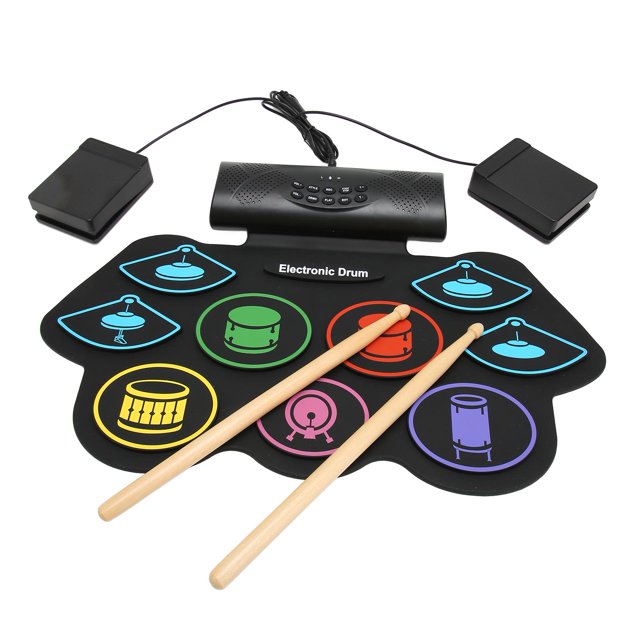 Portable Drum Practice Pad Set, 9 Pads Color Electronic Drum External Voice, BT Support 100 To 240V