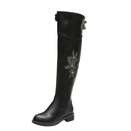 

nsendm High Heel Boots for Women Sexy Wide Calf Boots Long Shoes Flowers Zipper Rhinestone Thigh High Boots for Women Black 7