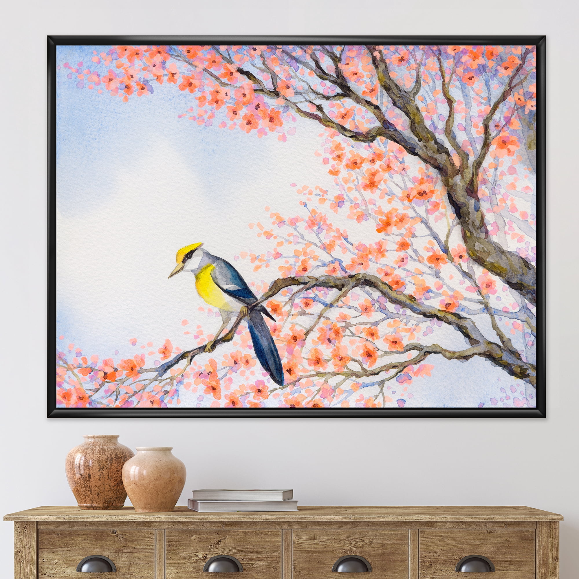Designart 'Beautiful Blue Bird Sitting On Flowering Branch I' Traditional Framed Canvas Wall Art Print