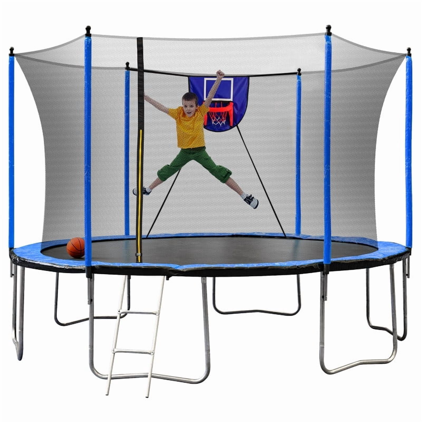 15FT Trampoline with Basketball Hoop, Ladder & Inflator, Outdoor Backyard Trampoline with Safety Enclosure Net, Rust-Resistant Galvanized Frame for Kids & Adults, Blue