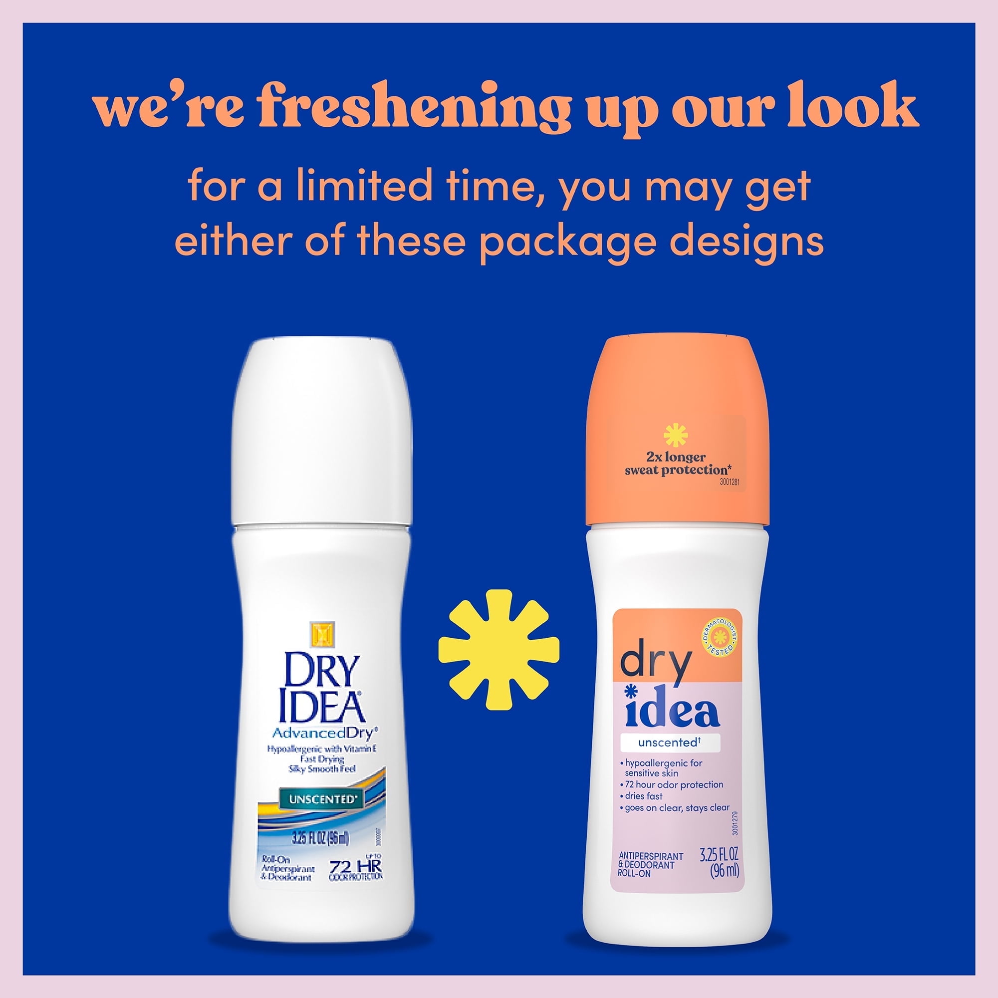 Pack of (3) Dry Idea Antiperspirant Deodorant Roll On, Unscented, 3.25 fl oz