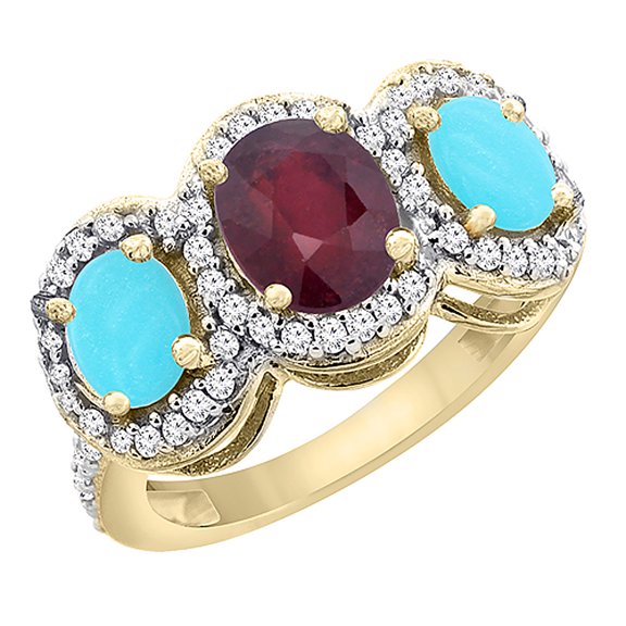 14K Yellow Gold Natural HQ Ruby & Turquoise 3-Stone Ring Oval Diamond Accent, size 5