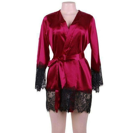 Silk Robe Long Sleeves Gowns Lace Patchwork Lingerie