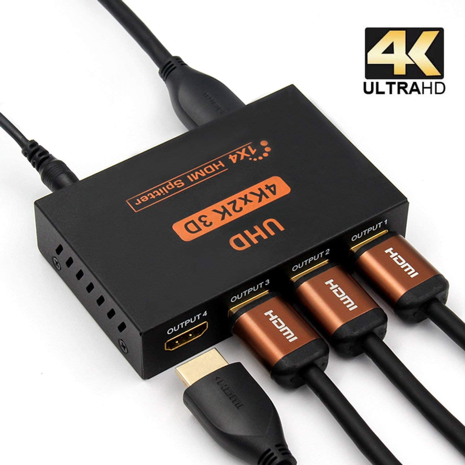 HDMI Splitter 1 in 4 Out 1x4 Ports v1.4 Powered 4K/2K Full Ultra HD 1080p and 3D Support by US Adapter 