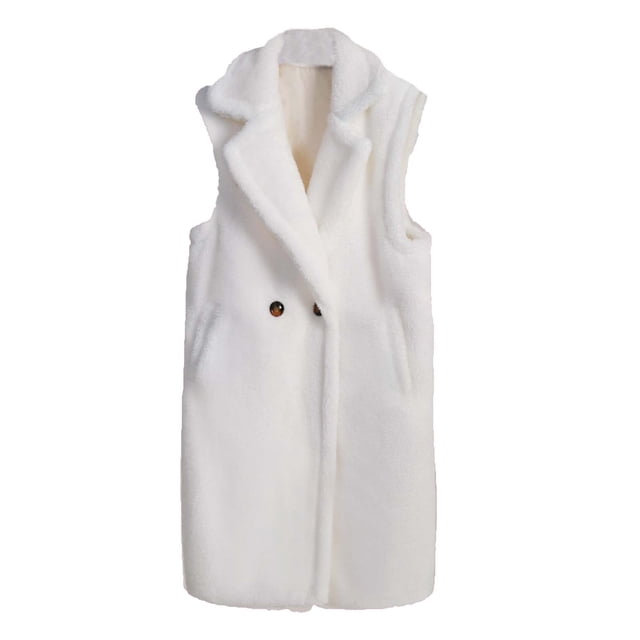 Yuyuzo Fleece Jackets for Women Sleeveless Lapel Collar Mid Length Open Front Button Coat with Pockets