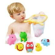 Baby Bath Toys With 6 Soft Cute Animals Bath Squirters 1 Fishing Net Kid Bathing Toys For Boys Girls
