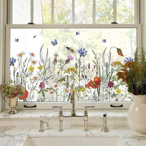 Fancy-Fix Colorful Floral Window Film 17.5" x 78.7", Removable Static Cling Privacy Film with Butterfly Bouquet for Home, School, Office, Party Decor