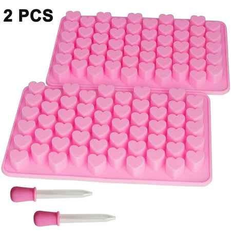 

Mini Heart Shape Silicone Gummy Molds Chocolate Mold Pack of 2 Silicone Cake Molds for Baking 55 Cavities Ice Molds with 2 Bonus Droppers - Pink