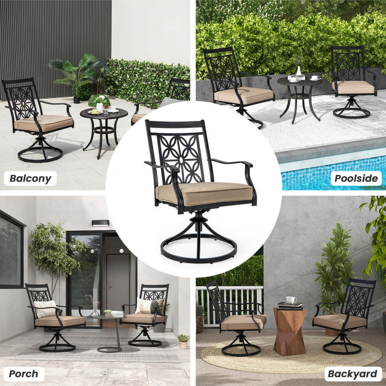 Aimee Lii 2 Pieces Patio Swivel Chairs with Blossom Pattern Backrest and Cushions, Outdoor Patio Set, Black Aimee Lii 2 Pieces Patio Swivel Chairs with Blossom Pattern Backrest and Cushions, Outdoor Patio Set, Black