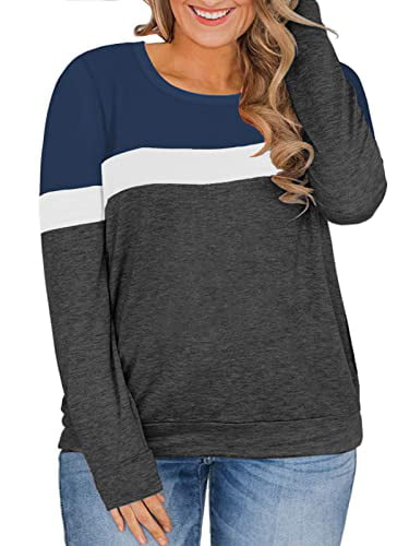ROSRISS Plus-Size Tops for Women Long Sleeve Color Block Striped Raglan Casual T-Shirts