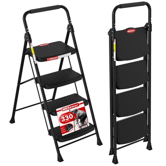 HBTower 4‑Step Ladder, Foldable Step Stool with Wide Anti‑Slip Pedal