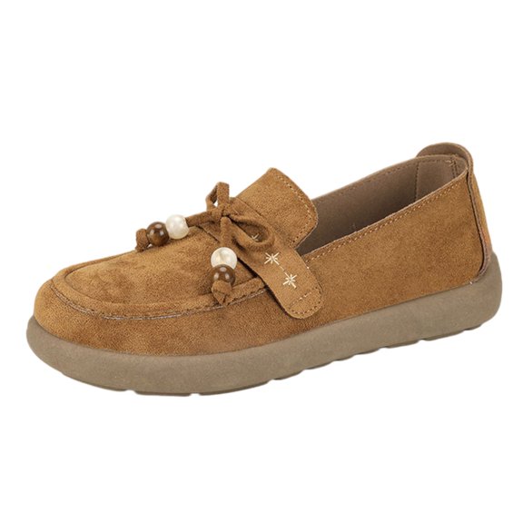 Domuza Women's Lace-Up Loafers Retro Round Toe Slip On Beaded Comfortable Non Slip Casual Flats Moccasins Shoes for Work Walking Coffee 7（EU-38）