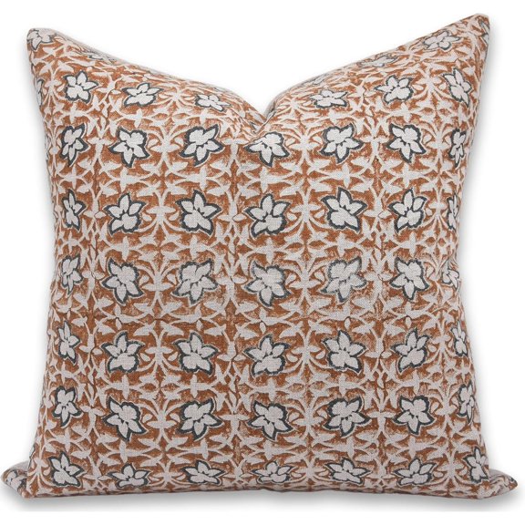 Fabdivine Block Print Throw Pillow Cover, 20x20 Inch Thick Linen Handmade Cushion Cover, Floral Print Boho Design Mustard Pillow Cover for Sofa and Couch