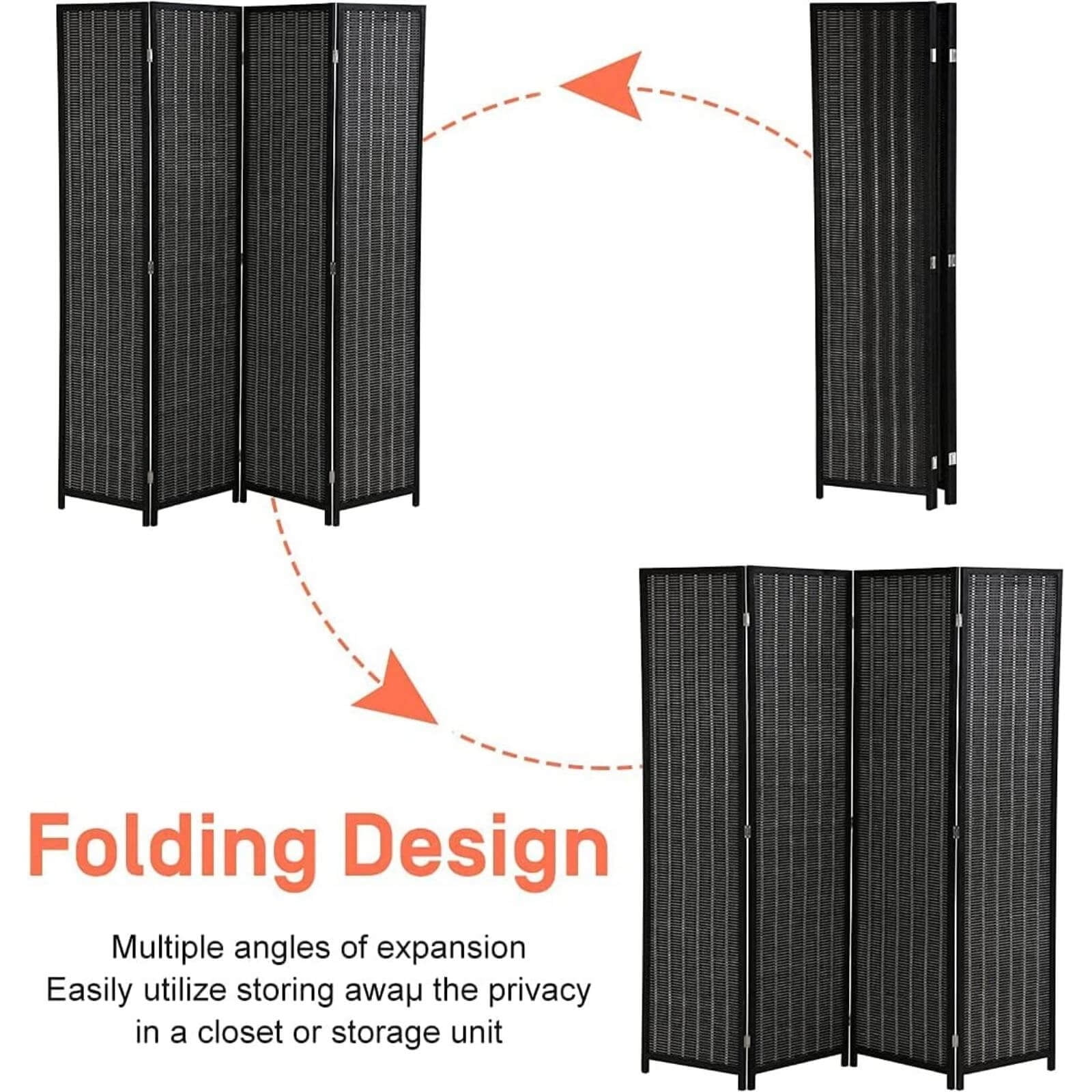 NiamVelo Room Divider 4 Panel Folding Screen Partitions, Freestanding Privacy Screen Partition Wall Tall Room Divider, Black