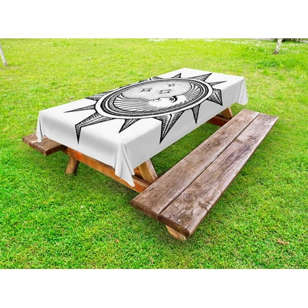 

Occult Outdoor Tablecloth Moon inside the Sun with Stars Alchemy Clandestine Esoteric Solar Crescent Artwork Decorative Washable Fabric Picnic Tablecloth 58 X 104 Inches Black Grey by Ambesonne