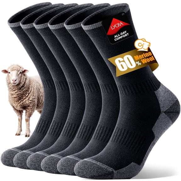 PULIOU Merino Wool Socks for Men & Women, Thermal Winter Warm Cushioned for Work Boots, 3 Pairs, Black