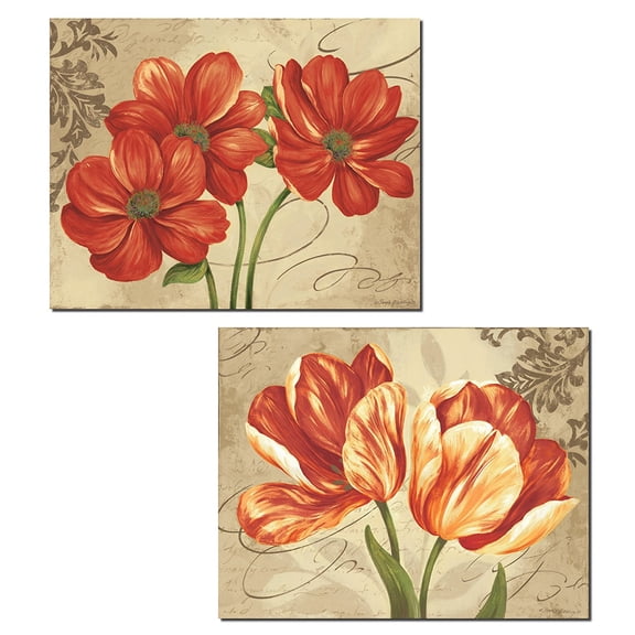 Classic Brown and Orange Floral Poppy and Tulip Adult Decor; 2 - 16" x 12" Unframed Posters