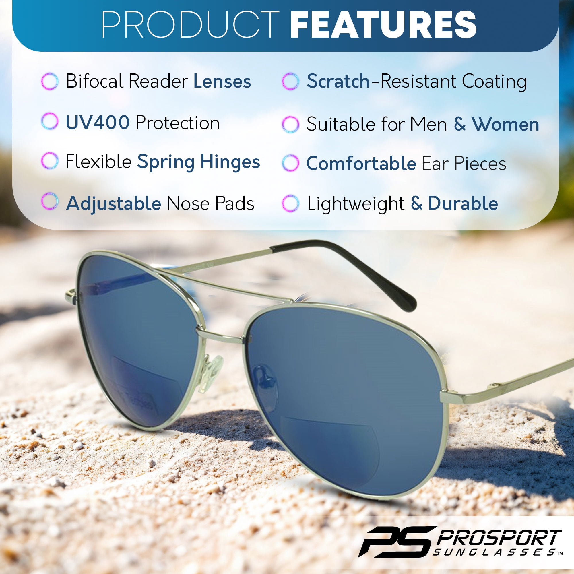 proSPORT Aviator Bifocal Reader Sunglass Flashed Blue Mirror Lens Men Women