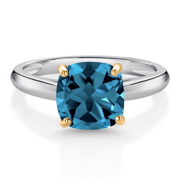 Gem Stone King 925 Sterling Silver and 10K Yellow Gold London Blue Topaz Solitaire Engagement Ring for Women (2.80 Cttw, Cushion 8MM, Gemstone November Birthstone, Size 5)