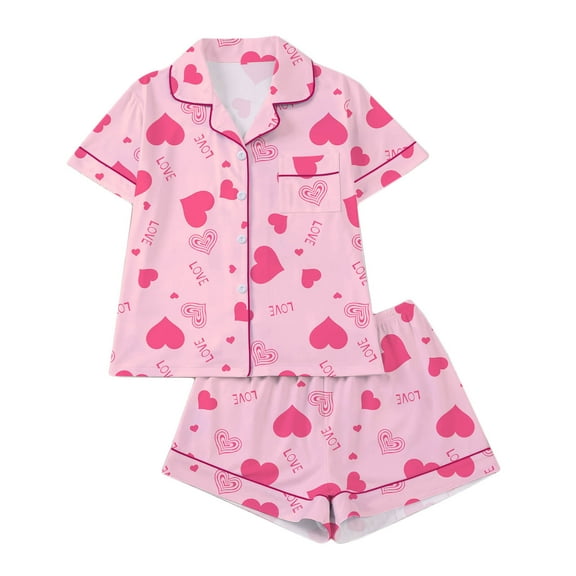 Erwazi Pajama Set for Women 2 Piece Valentine's Day Loungewear Short Sleeve Button Down Tops Sleepwear with Pockets