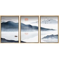 IDEA4WALL Framed Canvas Print Wall Art Set Pastel Mountain Range Boat Ocean Nature Wilderness Modern Art Decorative Landscape Rustic for Living Room, Bedroom, Office - 24"x36"x3 Natural