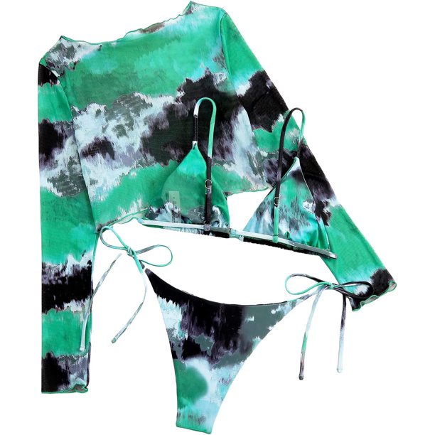 Traje de baño de 3 piezas para mujer con cubierta de teñido anudado, conjunto de bikini con tanga lateral Verde G Verde G Xishao ropa
