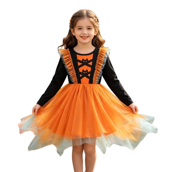 Ruyang Girls Halloween Dress Cute Print Long Sleeve Tulle Dress Crew Neck Irregular Hem Dress Up Outfit for Holiday Party