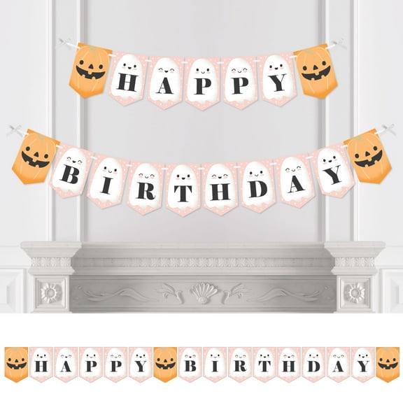 Big Dot of Happiness Pastel Halloween - Pink Pumpkin Birthday Party Bunting Banner - Party Decorations - Happy Birthday