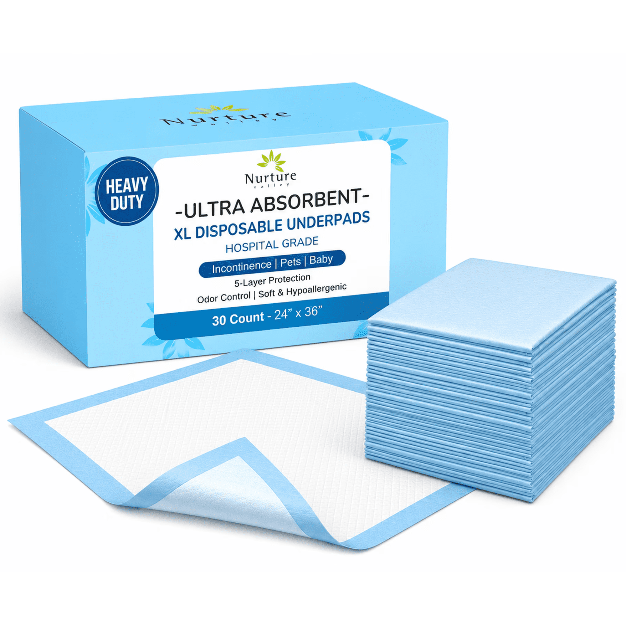 Nurture 30 XL Ultra Absorbent Bed Pads, 24" x 36" Waterproof Disposable Chux Liners, Adult Incontinence Underpads for Beds, Furniture, Seniors, Kids & Pets