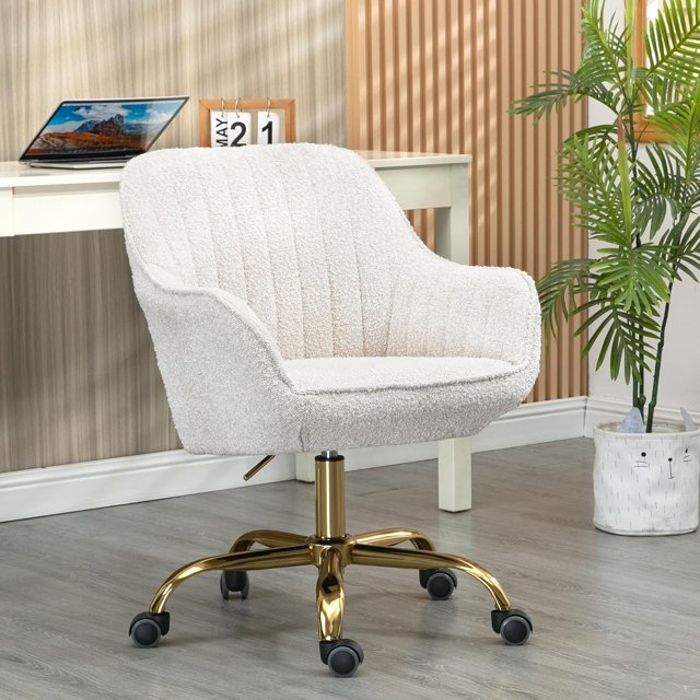 360° Velvet Swivel Chair with High Back, Desk Chair for Home Office Velvet Chair Upholstered Office Chair with Gold Base Swivel Wheels and Adjustable Height Armchair Study Work Stool (Beige)