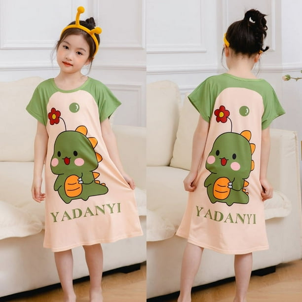 Pijamas infantiles de verano para niñas, lindos pijamas de manga corta con cuello redondo de dibujos animados, ropa de hogar holgada y delgada para niñas de talla mediana y niños mayores