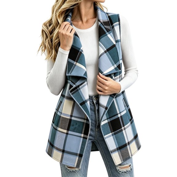 Zpanxa Womens Fall Sweaters Plaid Print Collared Cardigan Vest for Fall Layering M