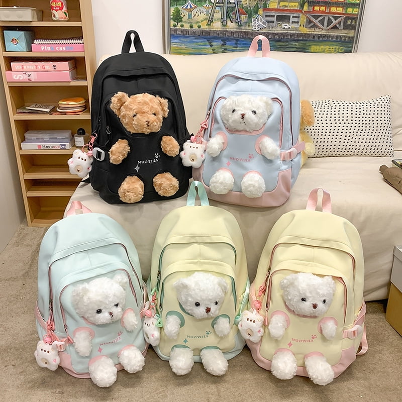 Cute Kawaii Backpack, 3D Bear Plush Backpack, Detachable Bear Backpack, Nylon Ita Bag, Large Capacity Daypack, Lightweight Backpack, Backpack with Pins Accessories, Casual Backpack for Adults