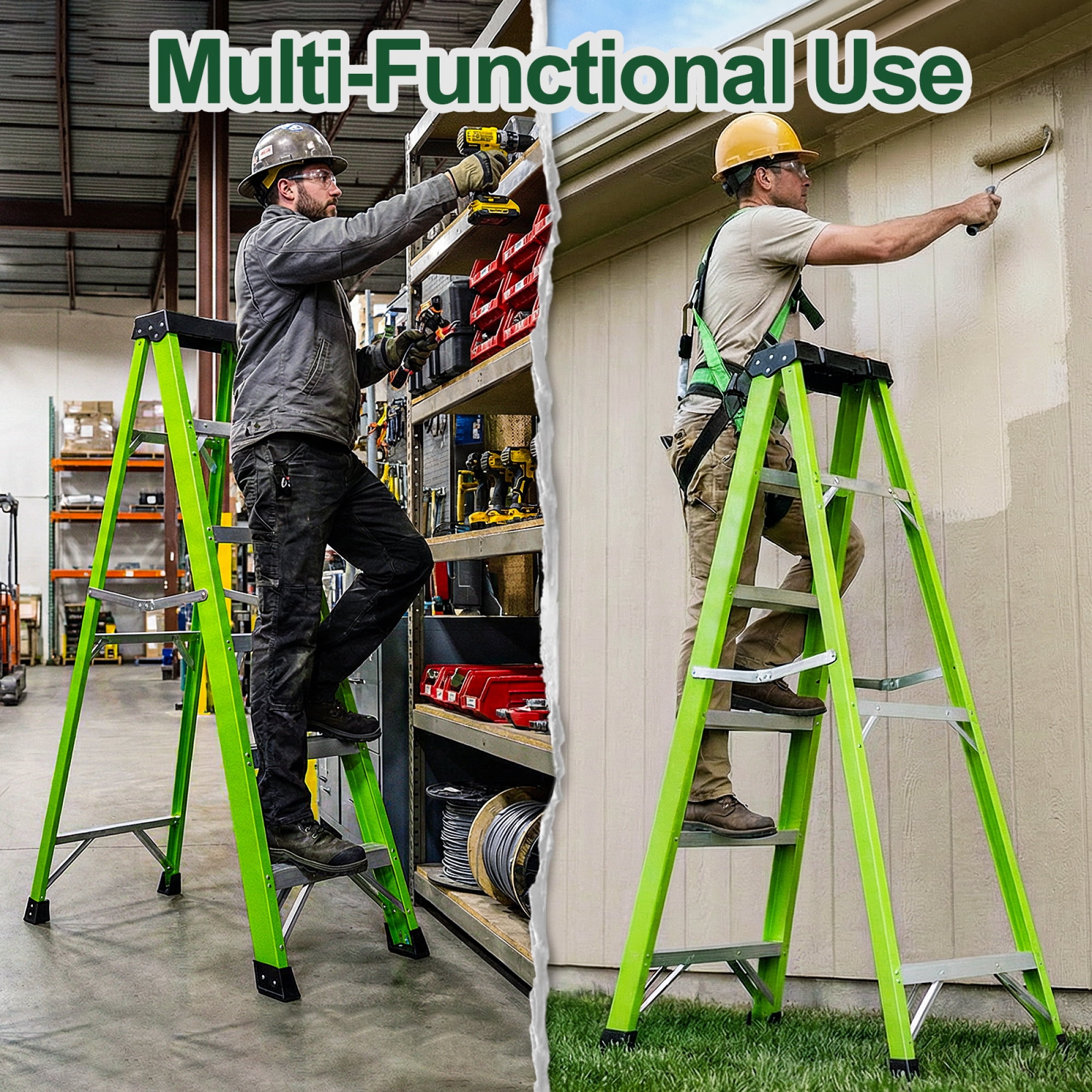 Leumius 3 Steps Fiberglass Ladder with a Load Capacity of 330 Pounds, Equipped with a Tool Tray for Electrical Engineering Ladder Structure Insulation Ladder Green