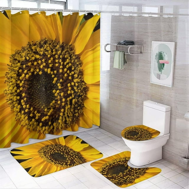 Faty-T Ensemble de Rideaux de Douche 4 Pcs Décor Tournesol Jaune Ensemble de Rideaux de Douche avec Tapis Vintage Ferme Été Automne Récolte Tournesols Rideau de Douche avec 12 Crochets pour Décoration de Baignoire
