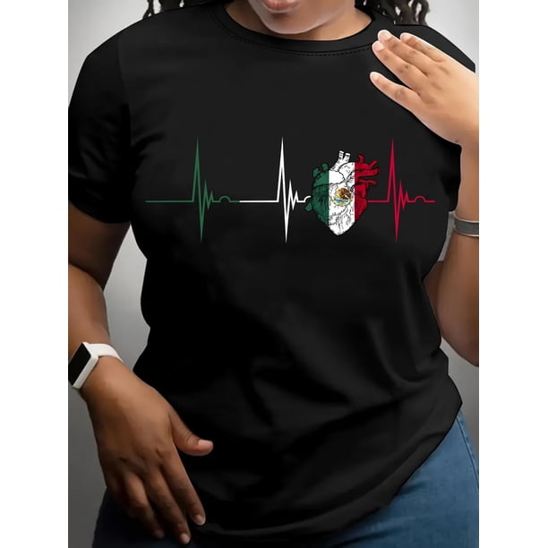 Everyday Top| Women's Patriotic Mexico Flag Heartbeat Graphic T-Shirt - Casual Black Crew Neck, Short Sleeve Top, Breathable Polyester Blend, Machine Washable, Ideal for Spring/Summer, Mexican T Shir