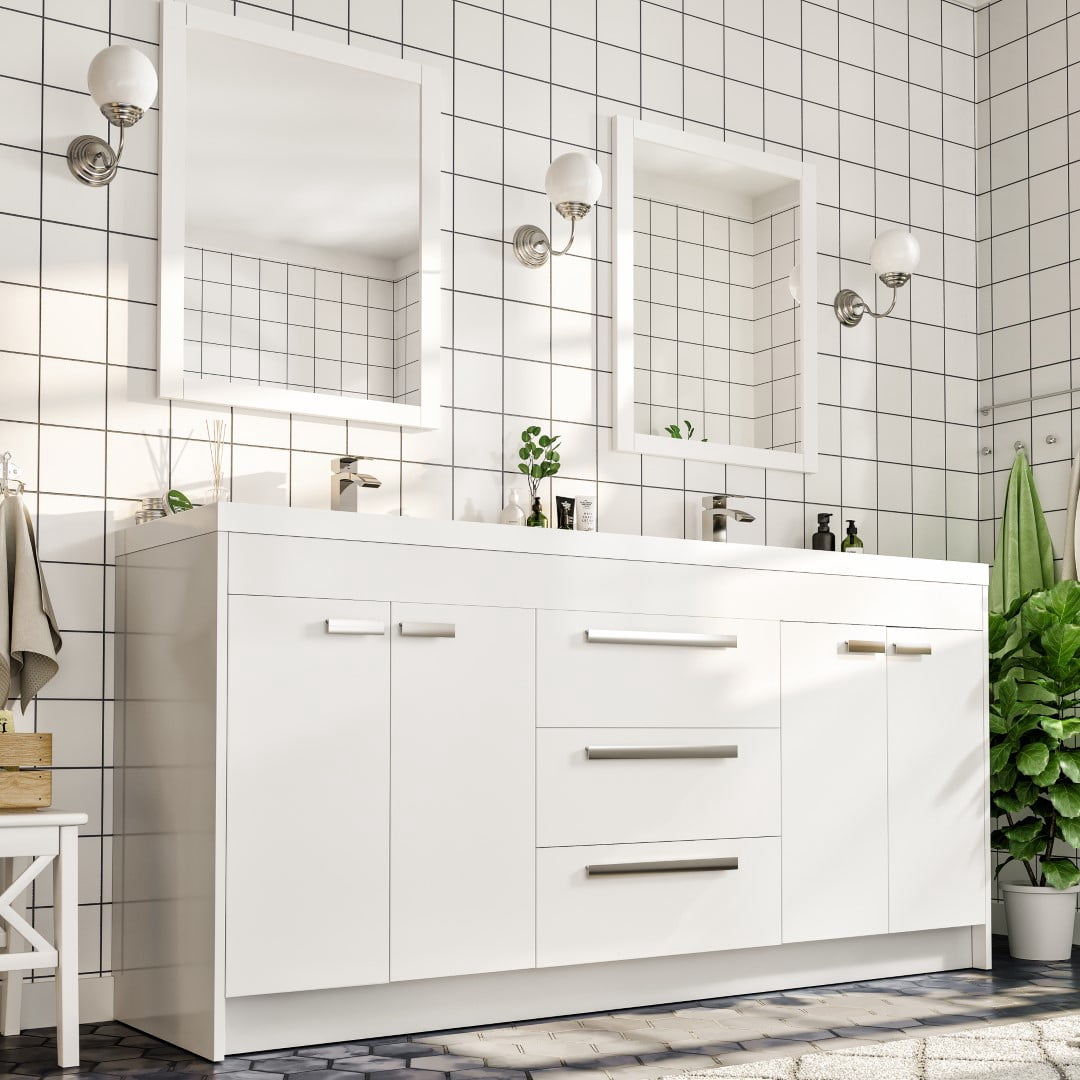 Eviva Lugano 72"W x 20"D White Double Sink Bathroom Vanity with White Acrylic Countertop and Integrated Sinks