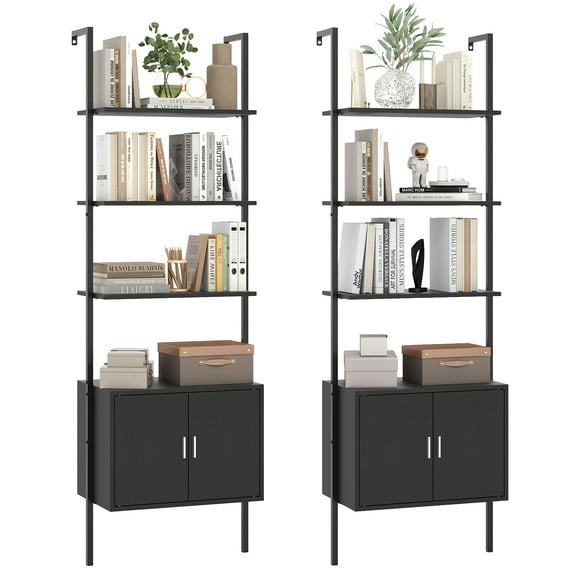 Gymax 2PCS 72.5'' Tall Bookshelf 5 Tier Wall Mount Ladder Bookcase w/ Cabinet Black