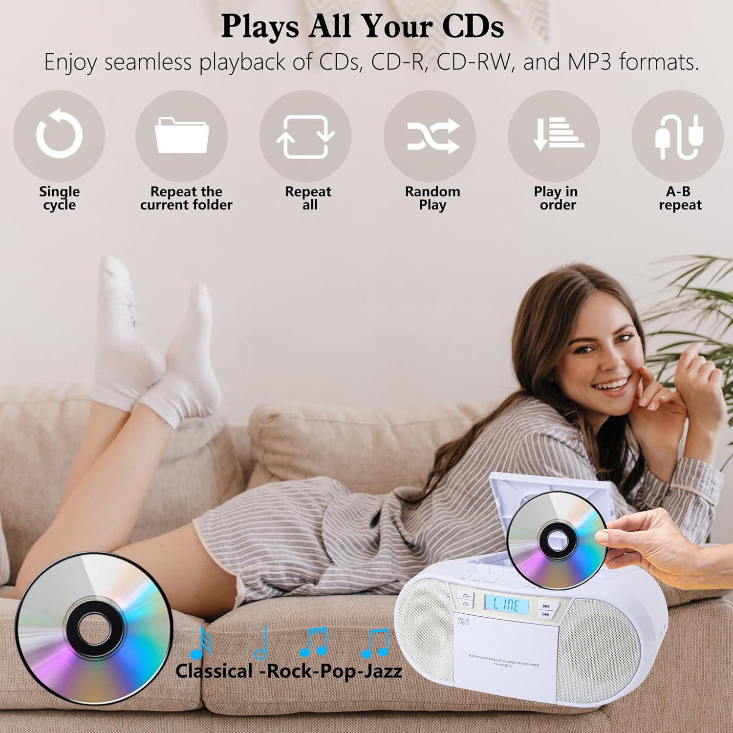 Boombox CD Player Portable, Cassette Player Combo with CD MP3 Bluetooth AUX TF USB FM Radio AC/DC Powered, with Remote Control, Headphone Jack, Stereo Sound for Home,Kids,Gift(White)