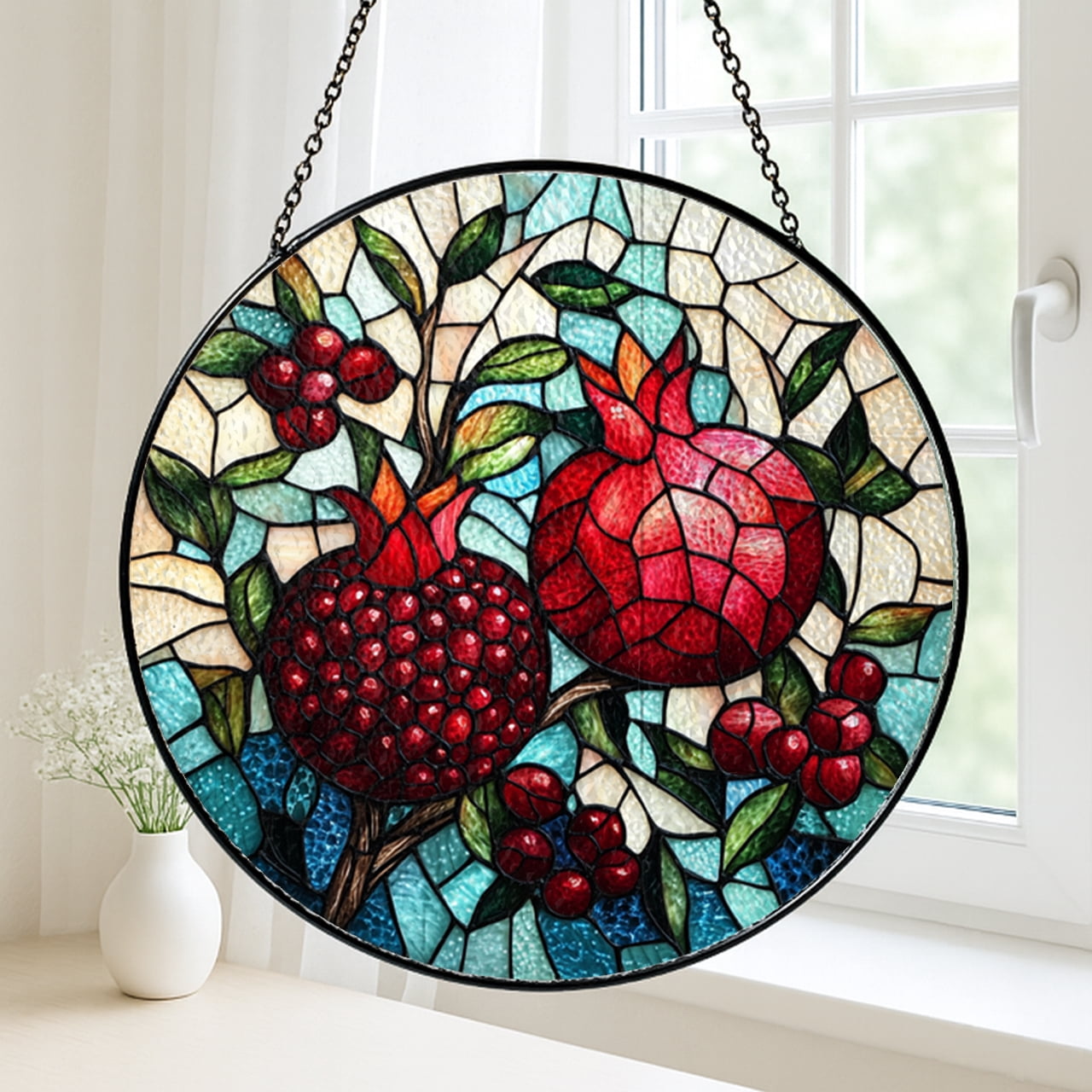 Faux stained glass pomegranate and blossom panel, cheerful kitchen window art