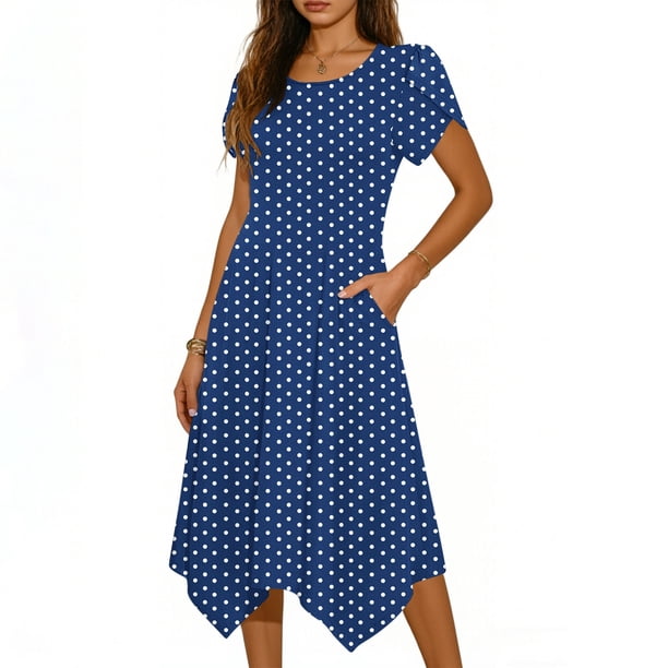 Mujeres Manga Corta Tops Casual Cuello Redondo Vestido de Impresión Irregularmente Falda Vestido de Manga Corta para Mujeres