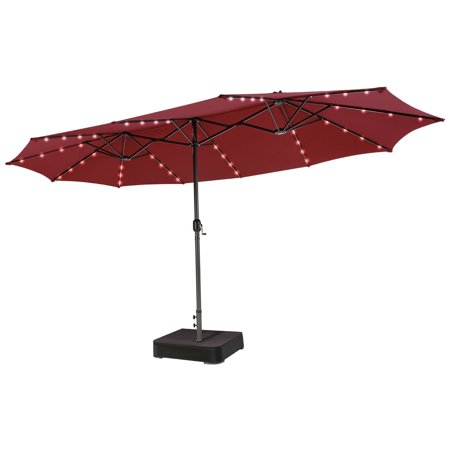 15FT Double-Sided Patio Umbrella 48 Solar LED Lights Crank & Base Outdoor