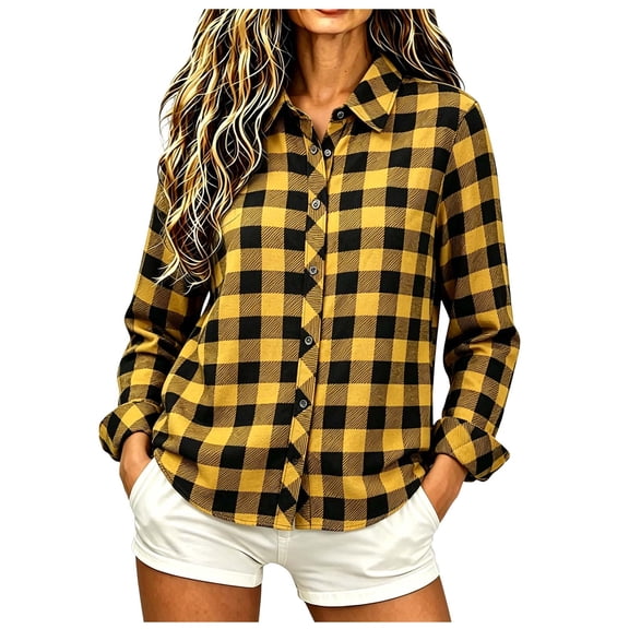 Ghalytn Women Buffalo Plaid Button Down Shirt Lapel Collar Roll Up Long Sleeve Curved Hem Casual Blouse