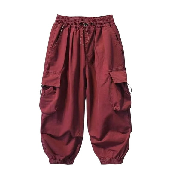 CYRBOKO Boys Cargo Pants, Comfy Drawstring Cotton Loose Joggers with Pockets Wine Size 10-12 T